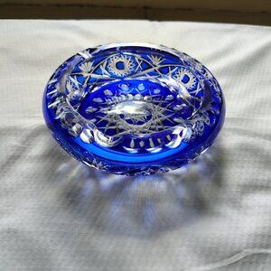 Blue Crystal Cut Glass Ashtray 6 inches